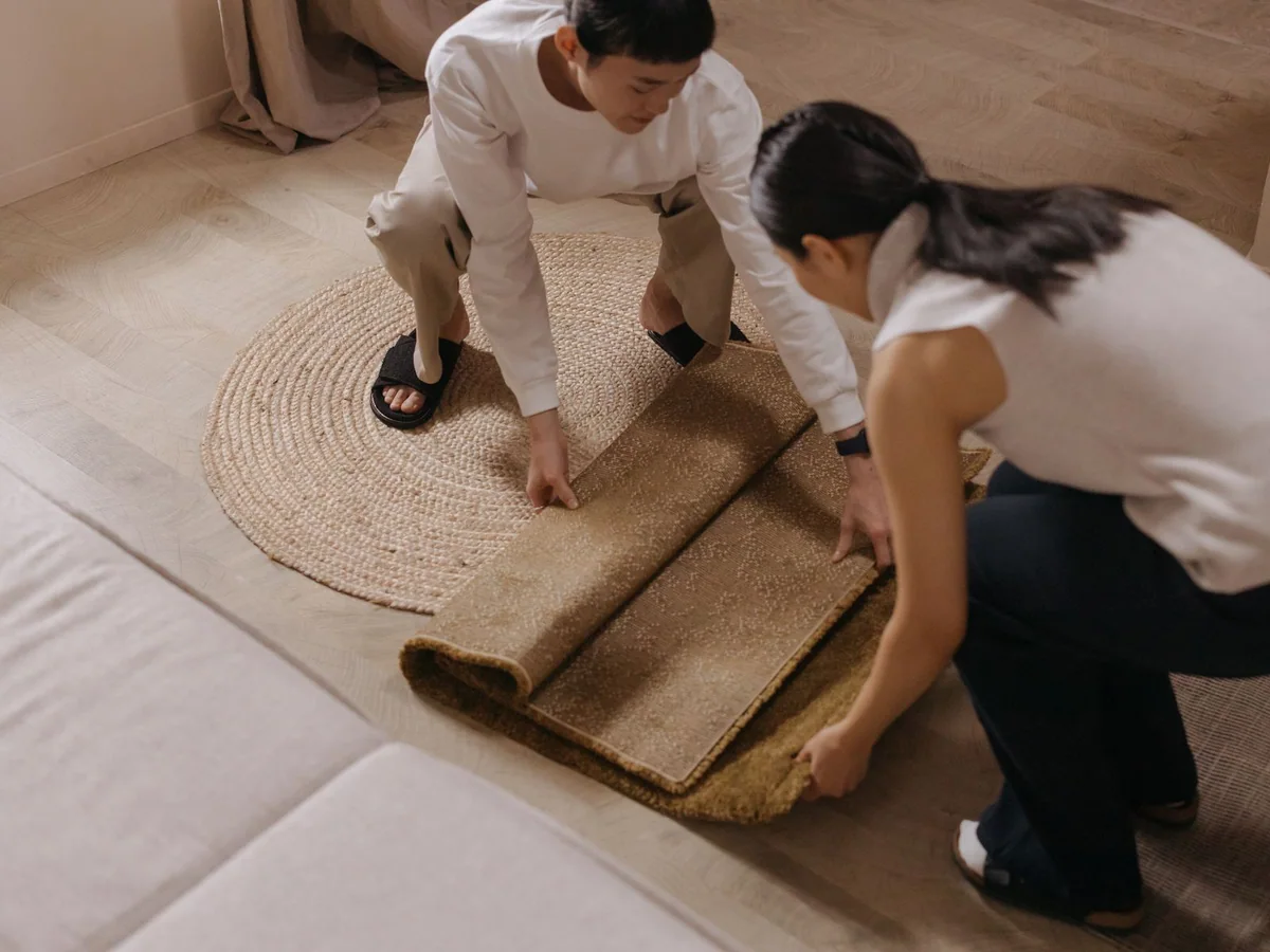 A low-pile area rug in a living room shared with a dog
